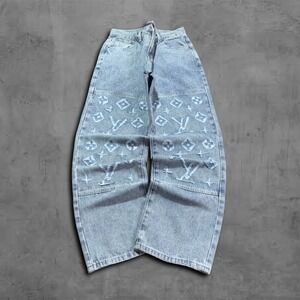 Baggy Louis Vuitton Knee Patch Monogram Design Denim Jeans